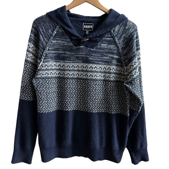 Anapo Womens Navy Blue Wool Blend‎ Knit Hoodie Long Sleeve Sweater Size M - Picture 2 of 11